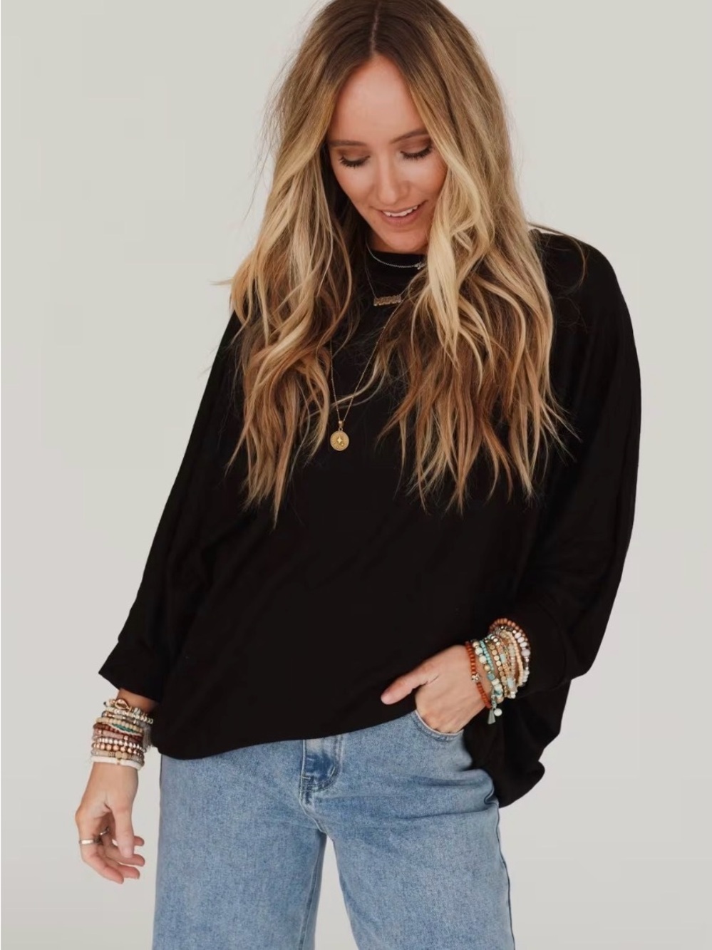 Three Bird Nest Fly With Me Batwing Knit Sweater Black NWT Small Boho - Picture 2 of 12